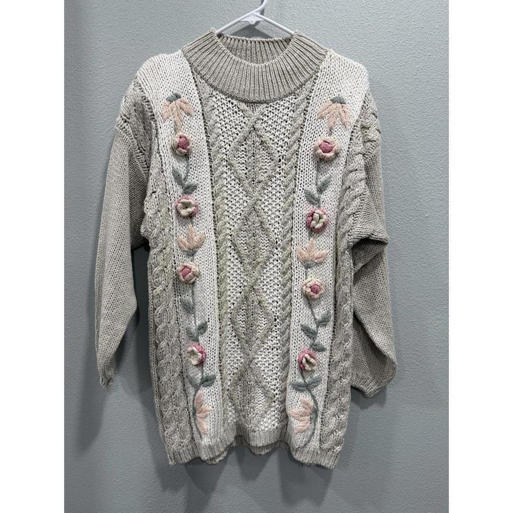 Vintage Needles & Yarn Knit Sweater with 3D Floral Embroidery, Medium